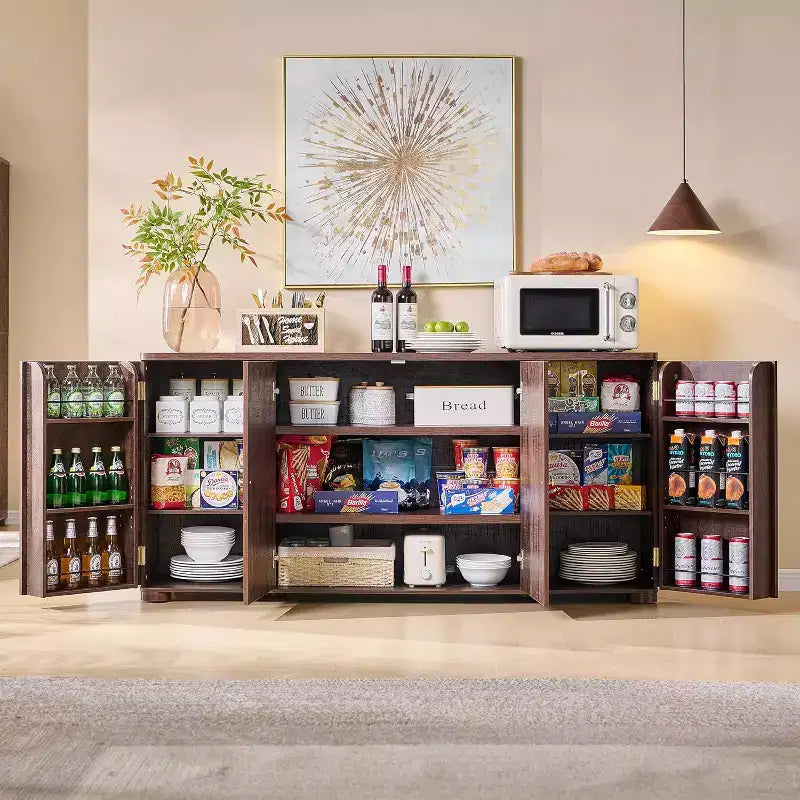 Buffet de cuisine avec 4 portes et étagères, grand buffet de rangement moderne, buffet de rangement de 66 po pour bar à café