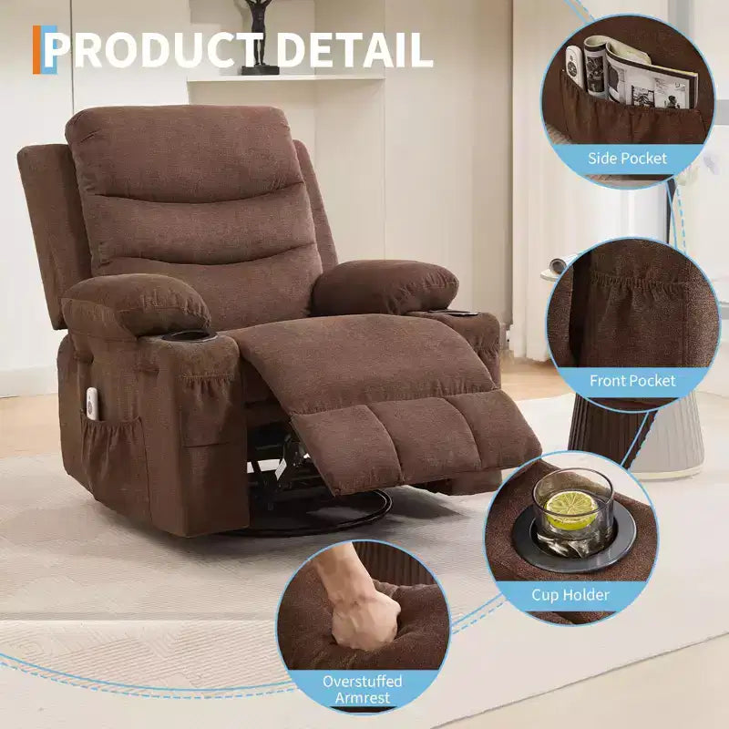 Fauteuil inclinable surdimensionné 360 pivotant et berçant avec massage et chaleur - Fauteuil de salon ergonomique avec porte-gobelets, poches latérales pour salon, chambre de bébé