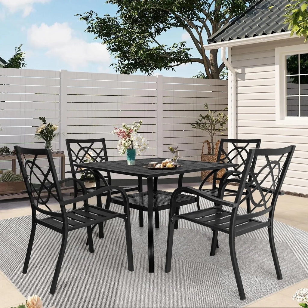 SUNCROWN Salon de jardin 5/7 pièces en acier avec table à lattes métalliques et chaises empilables Structure thermolaquée