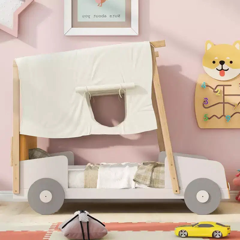 Lit de voiture Whisen Wood avec oreiller, tissu de plafond et LED - Naturel
