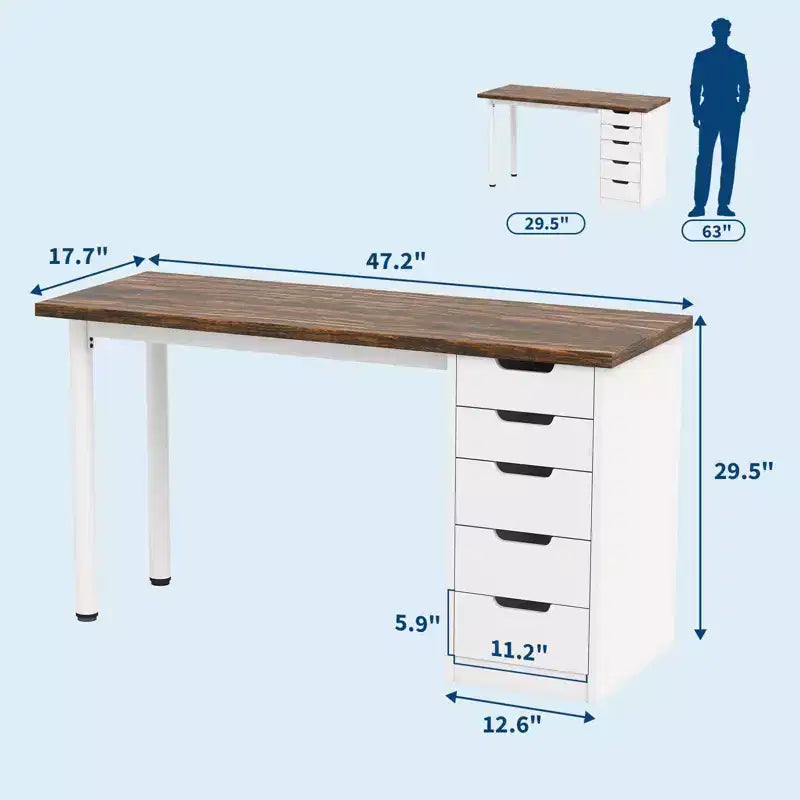 Bureau d'ordinateur de 119 cm avec 5 tiroirs de rangement, table d'étude/d'écriture réversible de style rustique moderne, poste de travail de bureau à domicile pour petits espaces