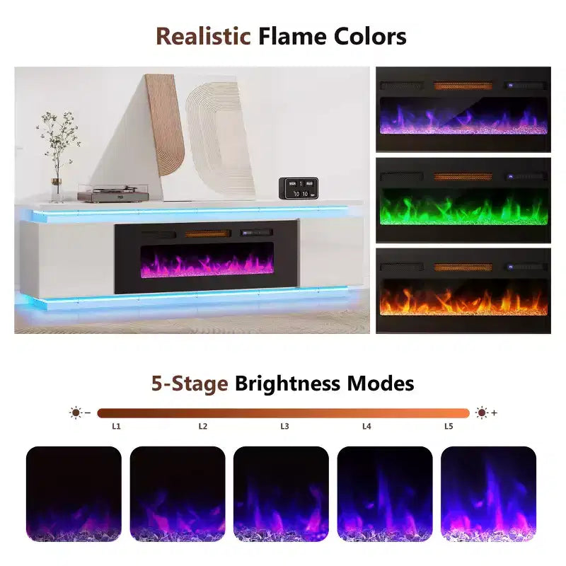 Meuble TV Skyzoo avec foyer électrique intégré, pour téléviseurs jusqu'à 80 pouces, avec lumières LED et 4 prises CA, console TV pour salon
