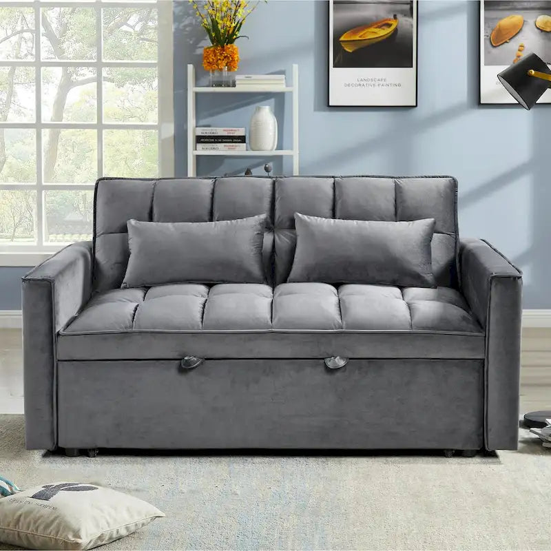 Causeuse futon moderne en velours avec dossier inclinable et poches, 2 places ??Gris foncé / Gris clair / Bleu / Noir