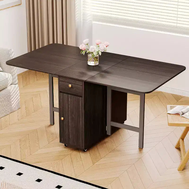 Table à manger pliante ATJafurn 59'' avec abattants pour petits espaces, table de cuisine rectangulaire en bois extensible avec roulettes et rangement