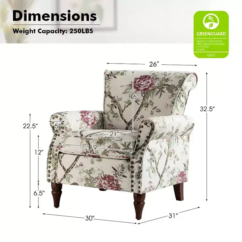 Fauteuil en bois traditionnel Araceli, rembourré à motifs floraux, avec dossier à oreilles et garniture cloutée | ART OF LIVING DESIGNS