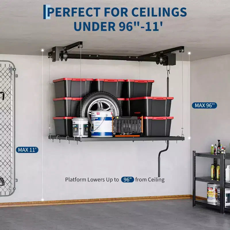 Étagère de rangement de garage robuste réglable, à fixation au plafond avec verrou de sécurité, capacité de 113 kg pour bacs, outils, vélos et garage