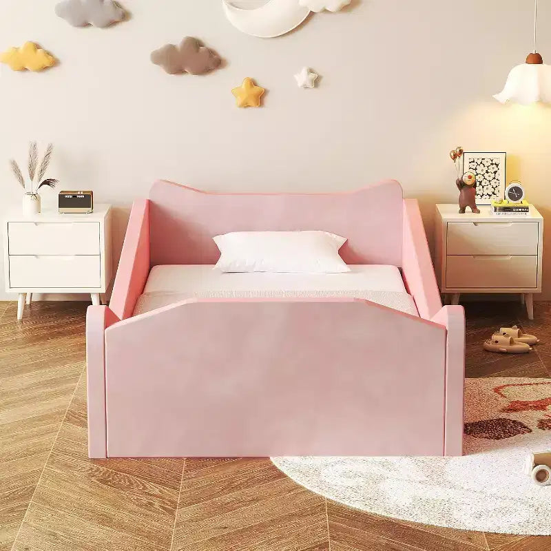 JOYMOR Lit pour tout-petit, Lit au sol avec barrière de sécurité, Lit pour tout-petit Montessori avec formes d'oreilles d'animaux, Rose
