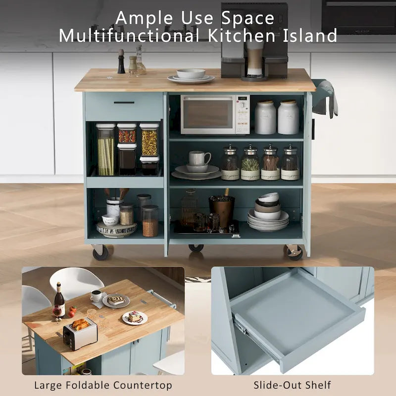 Îlot de cuisine avec plan de travail pliable, desserte de rangement de cuisine avec étagère coulissante, porte-serviettes et tiroir, roulettes.