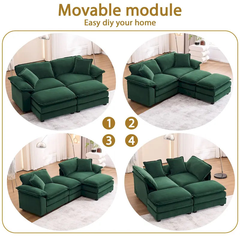 Canapé 2 places avec 2 coussins de siège, 2 oreillers et 2 poufs, canapé confortable - Canapé profond de salon, canapé modulable