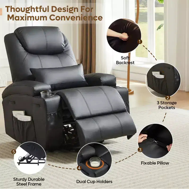 Fauteuil inclinable électrique Bestier de 88 cm avec fonction de levage, massage et chauffage, en similicuir, avec poches latérales et porte-gobelets