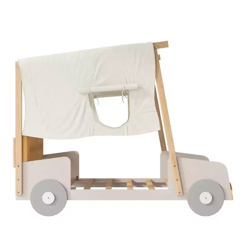 Lit de voiture Whisen Wood avec oreiller, tissu de plafond et LED - Naturel