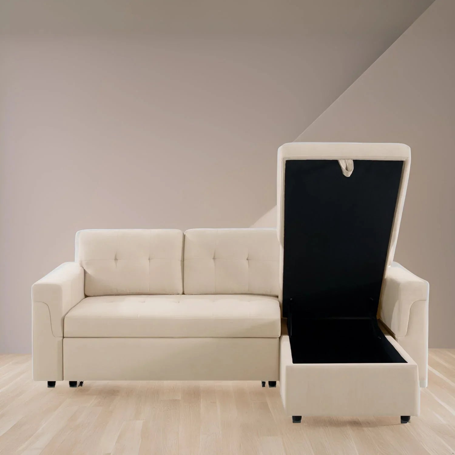 Canapé d'angle réversible convertible avec lit gigogne, méridienne de rangement et pieds durables