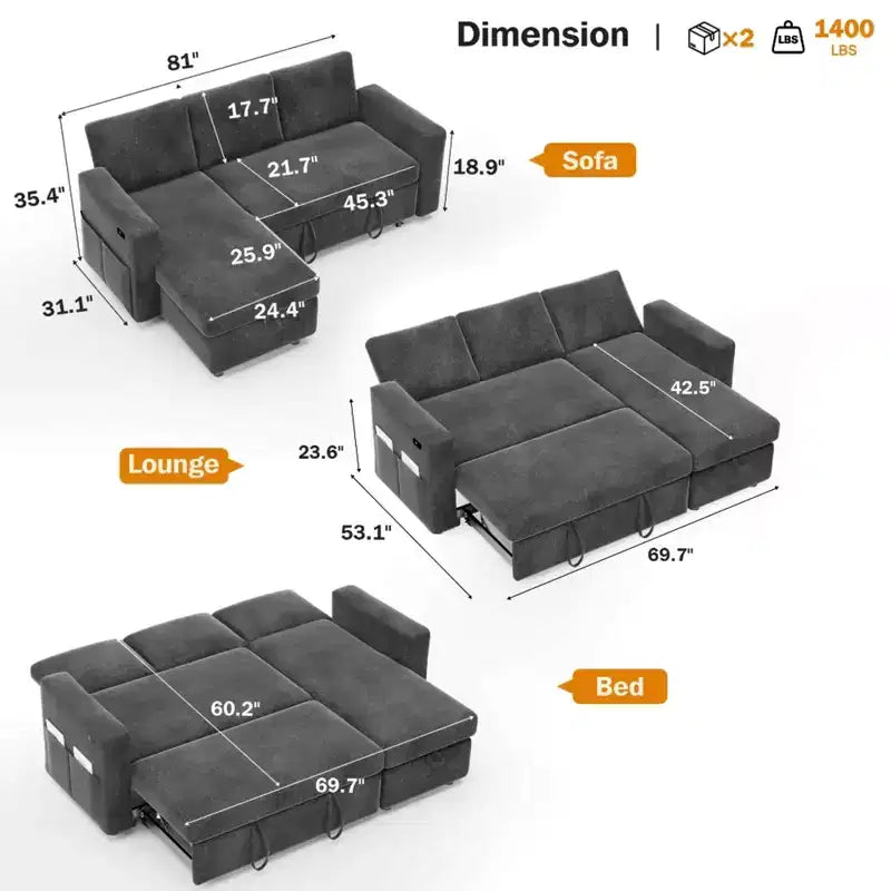Canapé-lit convertible 2-en-1 avec méridienne de rangement, canapé d'angle en chenille avec ports USB pour salon
