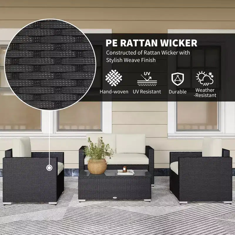 Ensemble de canapés en rotin 4 pièces, ensemble de canapés de patio en osier avec causeuse, chaises et table basse en verre pour jardin extérieur