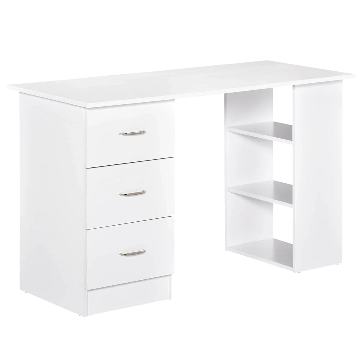 HOMCOM Bureau d'ordinateur moderne 47" pour la maison et le bureau, combo bibliothèque, table d'écriture, poste de travail avec 3 tiroirs et étagère de rangement - Blanc