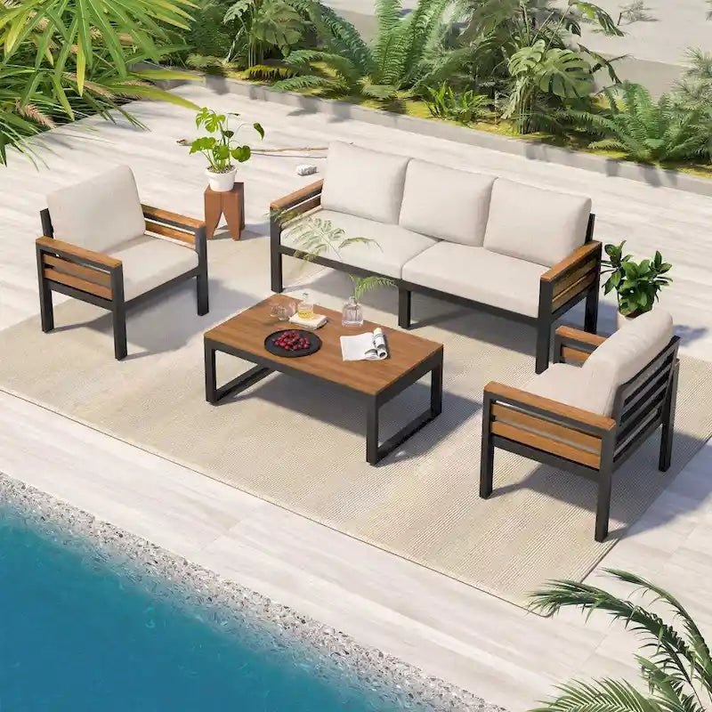 Ensemble de canapés d'extérieur 4 pièces pour 5 personnes avec table basse en bois massif et coussins amovibles