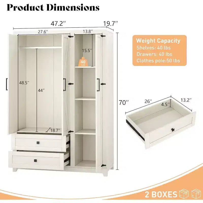 AMERLIFE Armoire de garde-robe de ferme 47 avec 3 portes, 2 tiroirs, tringle à vêtements et étagères réglables, organisateur de placard autoportant