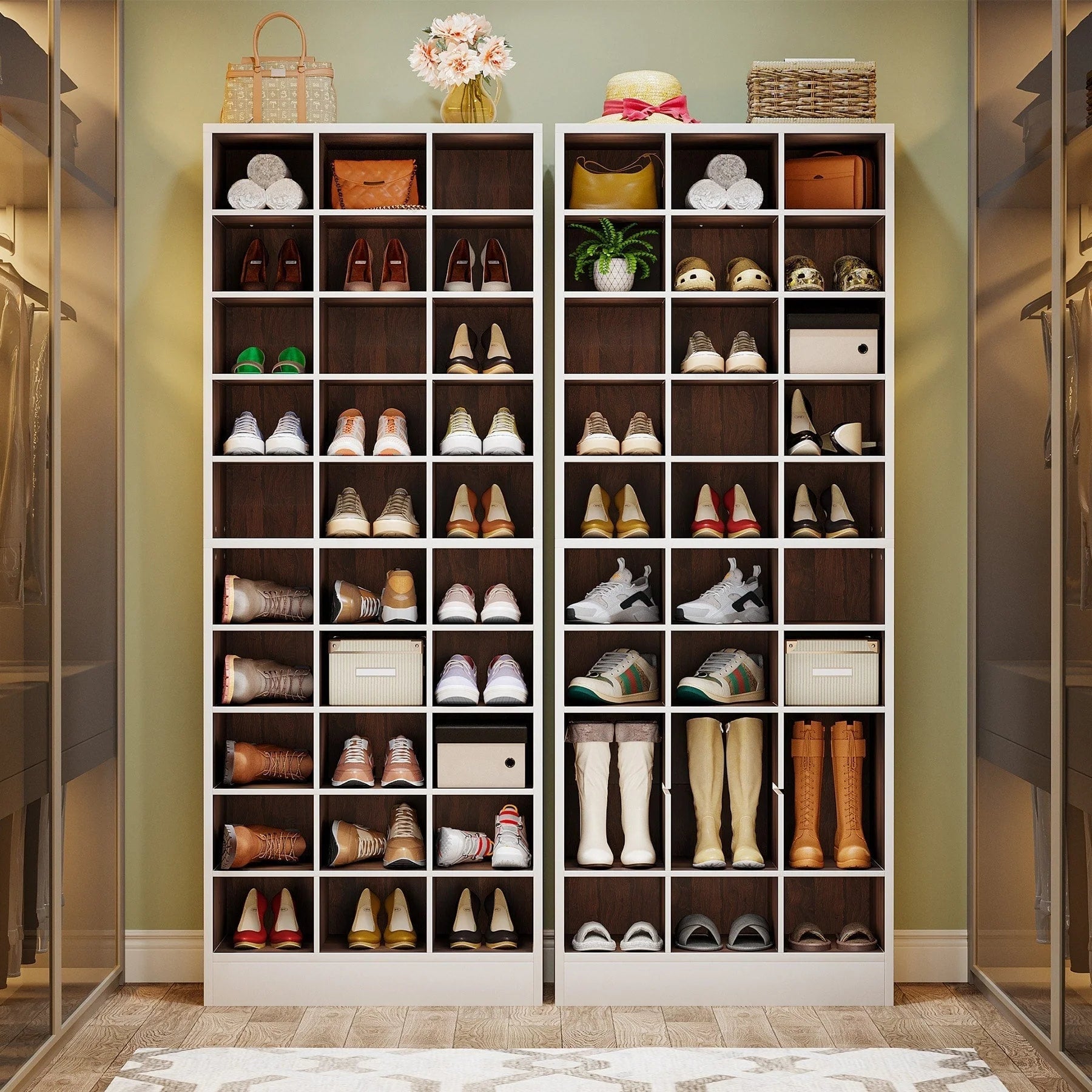 Meuble à chaussures haut 30 paires, étagère de rangement à chaussures en bois blanc 10 niveaux pour placard, entrée - 10 niveaux