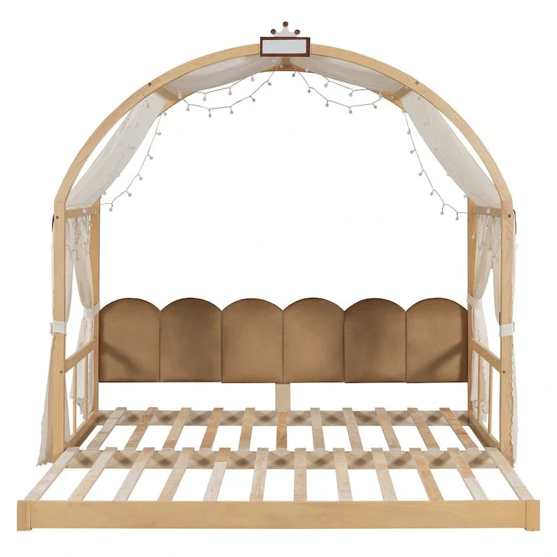 Lit cabane Montessori en bois massif avec plateforme, toit voûté et lit gigogne pour filles et garçons