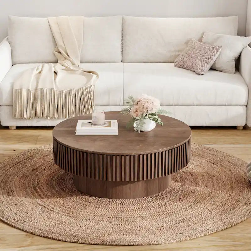 Table basse/de salon ronde moderne plaquée en bois massif avec rangement