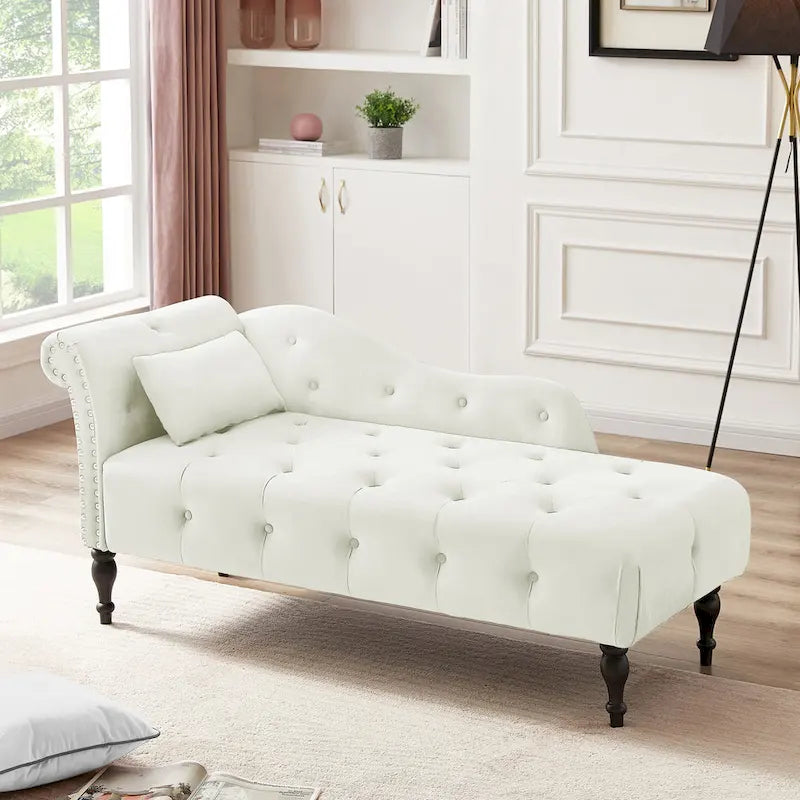 Chaise longue moderne de 154 cm avec revêtement en velours, boutons capitonnés, pieds en bois massif et clous de tapissier
