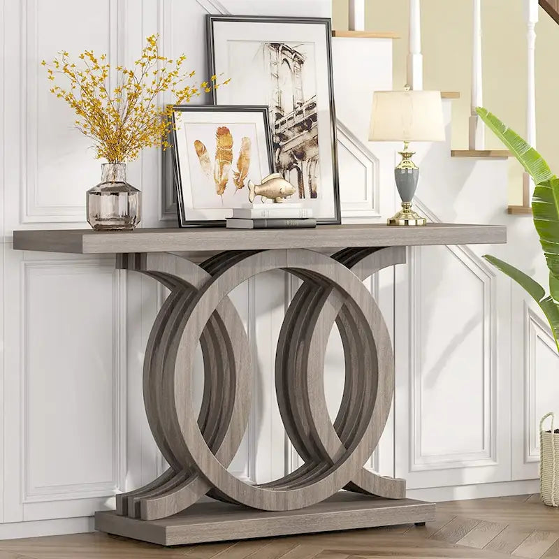 Console de style vintage avec base géométrique, table de couloir en bois