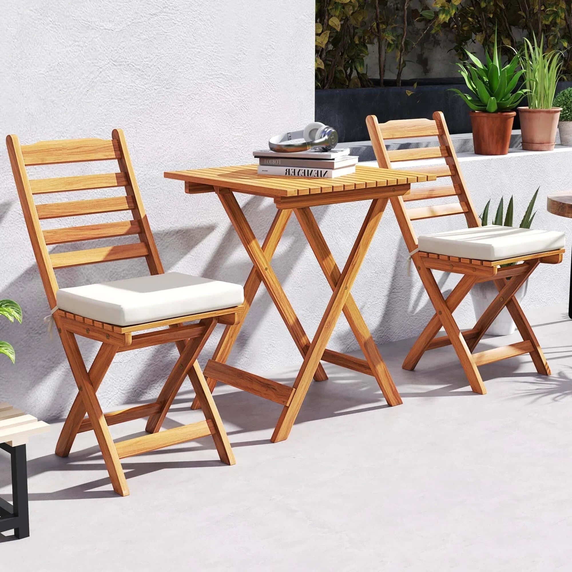 Ensemble bistrot pliant 3 pièces Patiojoy avec coussins de siège amovibles - Voir les détails