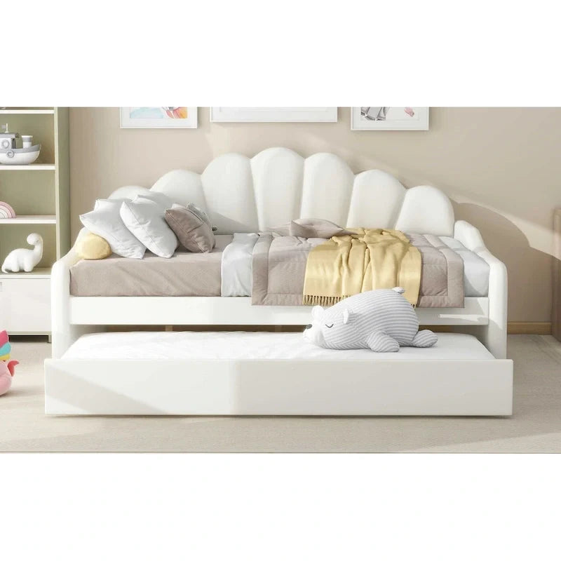 Lit de repos capitonné pleine grandeur avec dossier coquille et lit gigogne