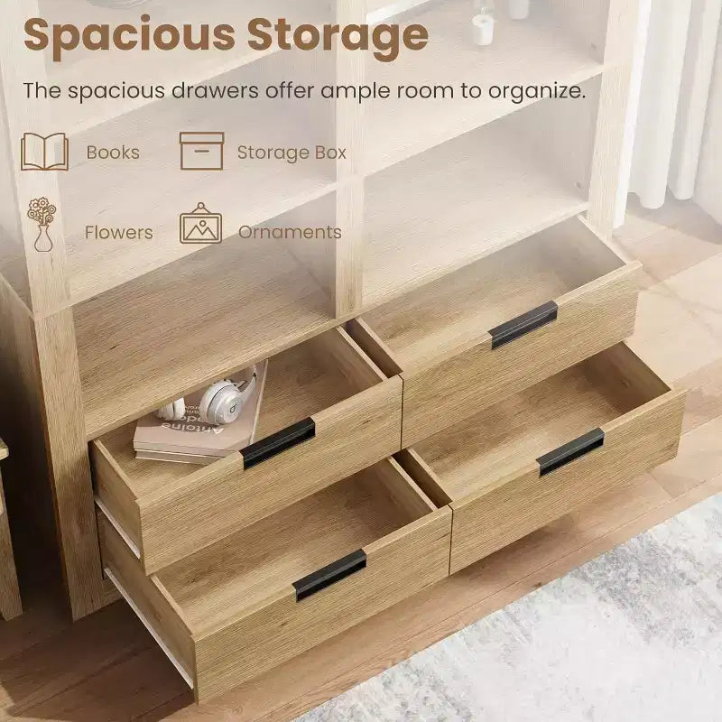 Bibliothèque haute de 72 po avec 4 tiroirs, étagère de rangement autoportante de style campagnard pour chambre à coucher, salon, bureau à domicile