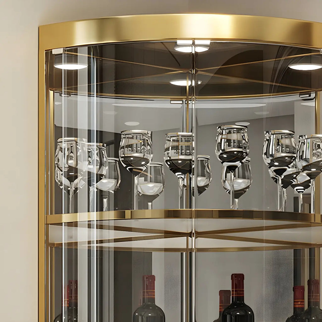 Vitrine d'angle arrondie en métal doré, verre et finition brillante Glam