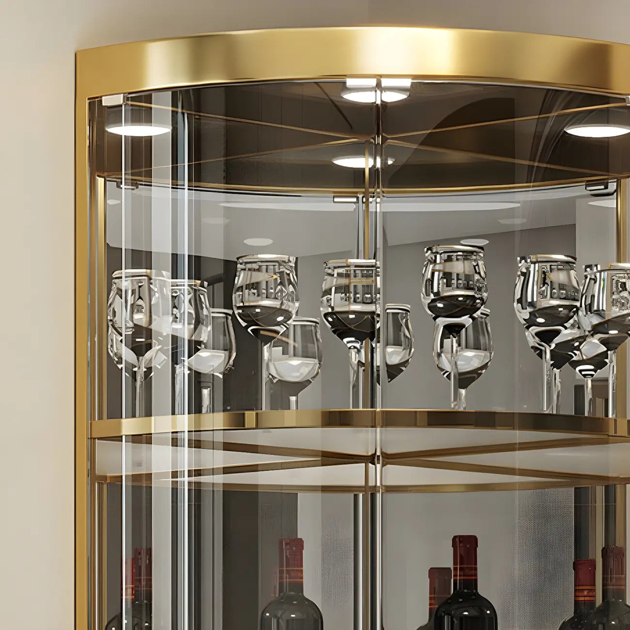 Vitrine d'angle arrondie en métal doré, verre et finition brillante Glam