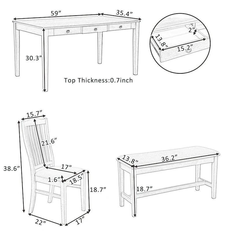 Ensemble de salle à manger 6 pièces en bois avec 4 chaises et un banc, table avec tiroir