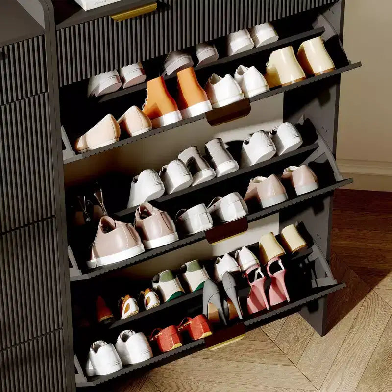 Meuble à chaussures moderne blanc avec 3 tiroirs basculants et 2 petits tiroirs et crochet, organiseur de rangement à chaussures fin cannelé, meuble d'entrée étroit