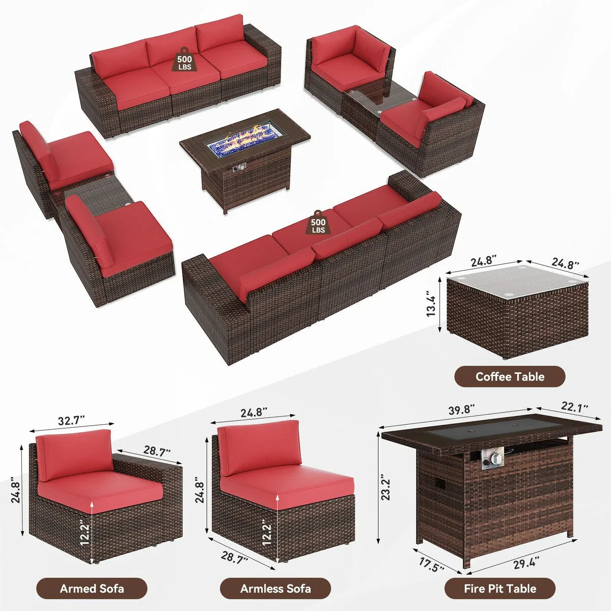 Ensemble de mobilier de jardin 13 pièces avec table brasero de 44 pouces