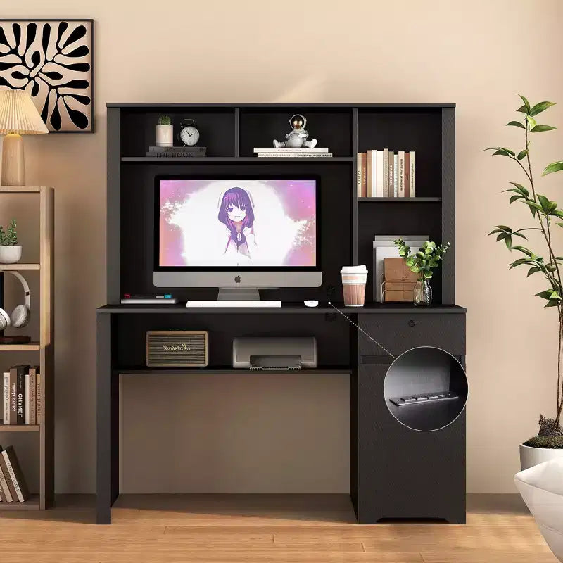 Bureau informatique moderne de 130 cm avec huche et étagère, bureau avec grand rangement, bureau d'écriture pour l'étude, salle de lecture