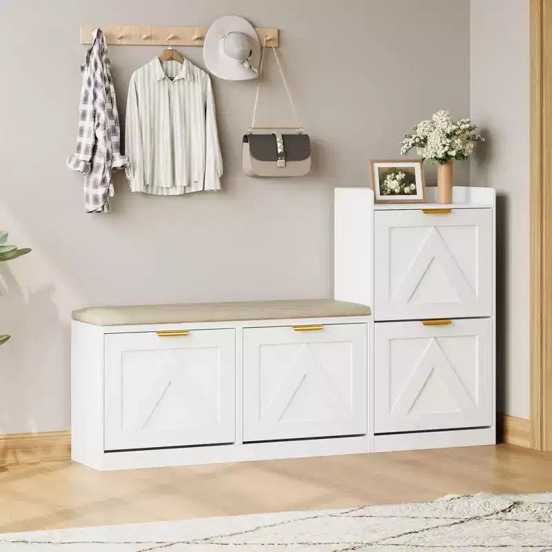 Banc de rangement pour chaussures avec 5 tiroirs rabattables et étagère étagée, meuble à chaussures pour 18 paires avec siège rembourré, étagère à chaussures étroite pour entrée et couloir