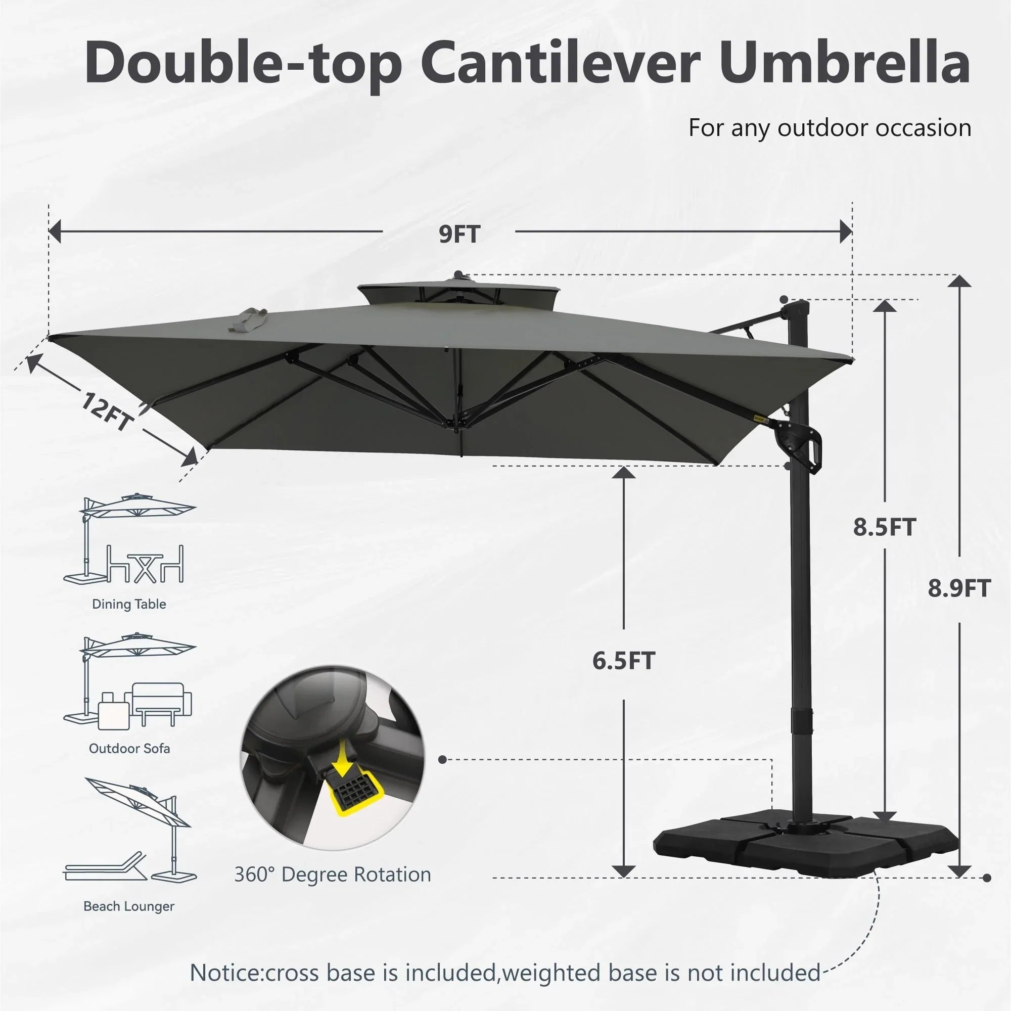 MAISON ARTS Parasol déporté hydraulique automatique 3,6 m avec mât en aluminium et rotation à 360 degrés