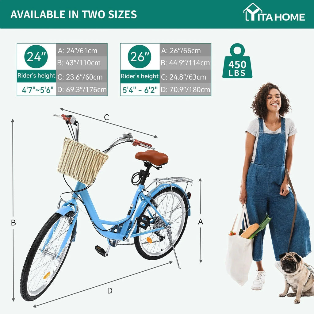 Moasis24/26 Vélo Cruiser 7 Vitesses, Vélo à Cadre Bas Ajustable, Vélo de Ville, Bicyclette