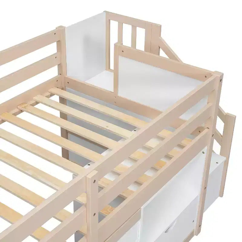 Lit mezzanine jumeau Okak en bois massif avec escalier et rangement, lits superposés jumeaux à profil bas avec tiroirs et étagères, lits mezzanine multifonctionnels pour enfants et adolescents