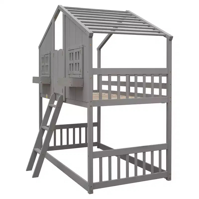Lit mezzanine cabane de taille double, lit mezzanine cabane en bois avec échelle et barrières de sécurité pour enfants