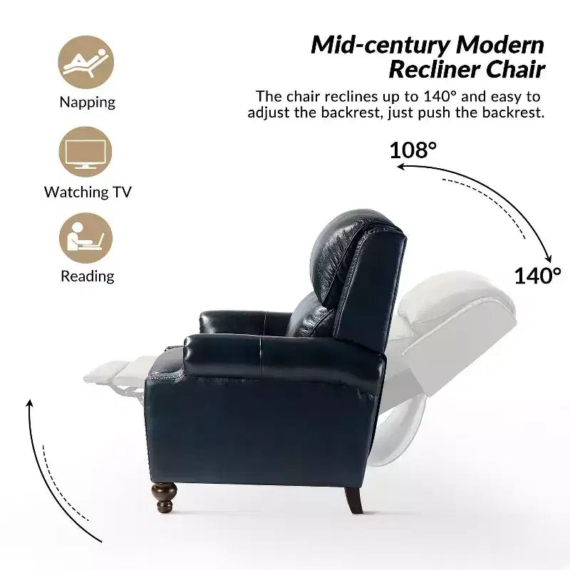 Ensemble de 2 fauteuils inclinables modernes en cuir véritable Elisabete avec garniture cloutée vintage pour salon et chambre à coucher | ART OF LIVING DESIGNS