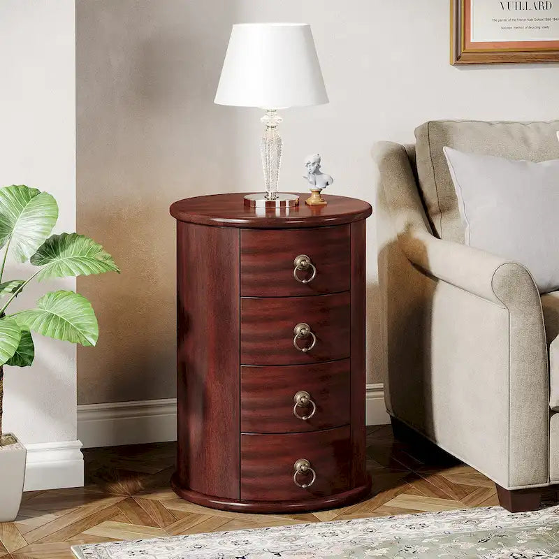 Table d'appoint ronde en bois massif, sans assemblage, avec tiroirs, style vintage