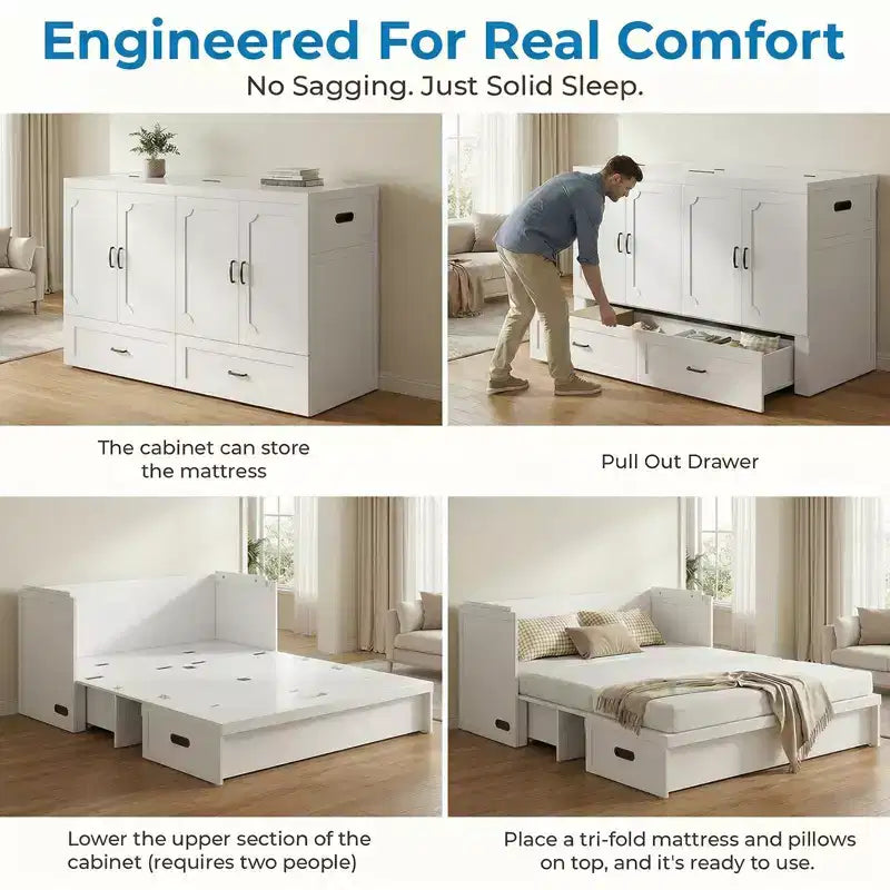 Lit escamotable convertible Queen Size Mjkone avec matelas, chargement USB, tiroirs de rangement