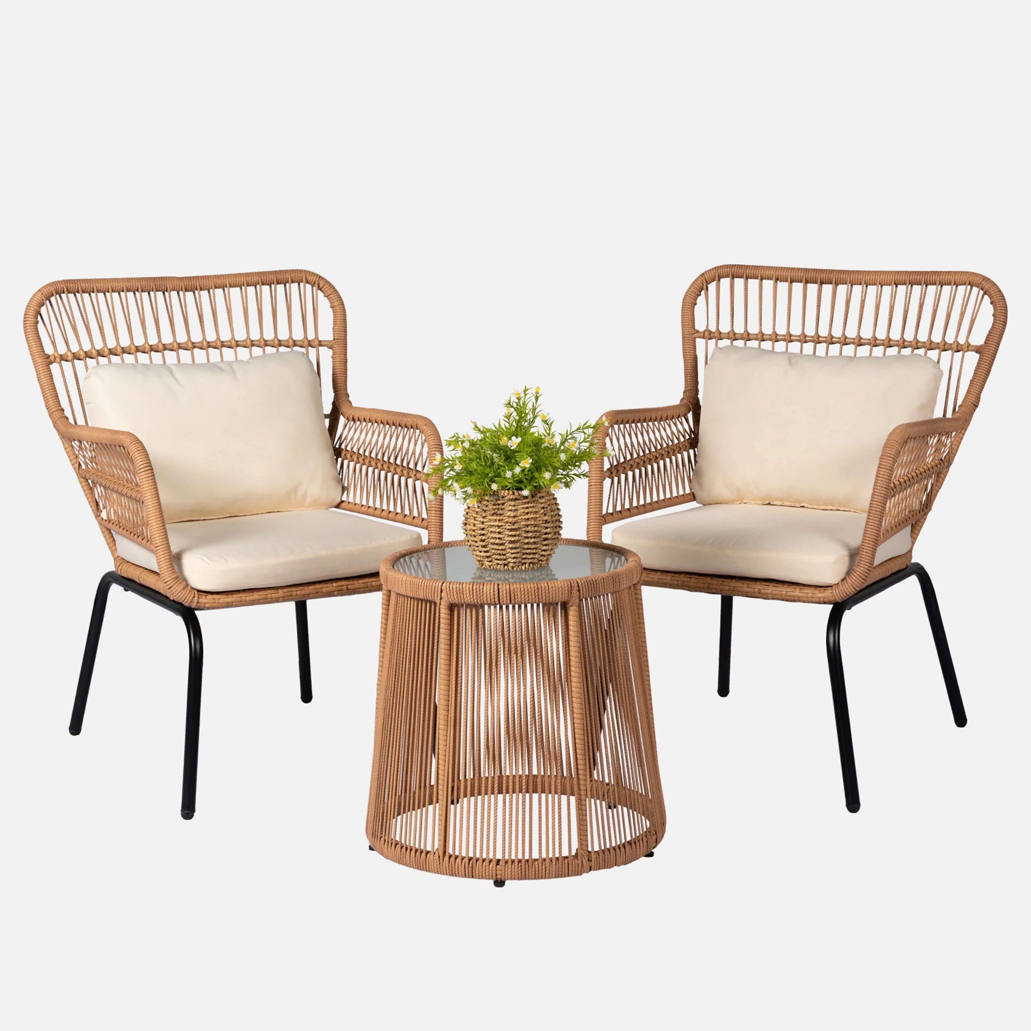 Ensemble bistrot 3 pièces en osier pour conversation, salon de jardin en rotin résistant aux intempéries avec coussins