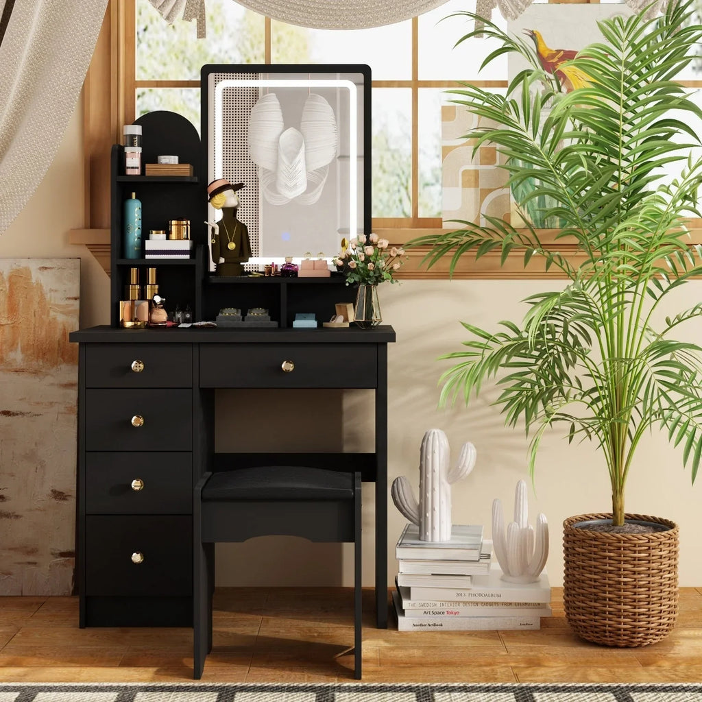 Coiffeuse avec miroir LED intégré et tabouret