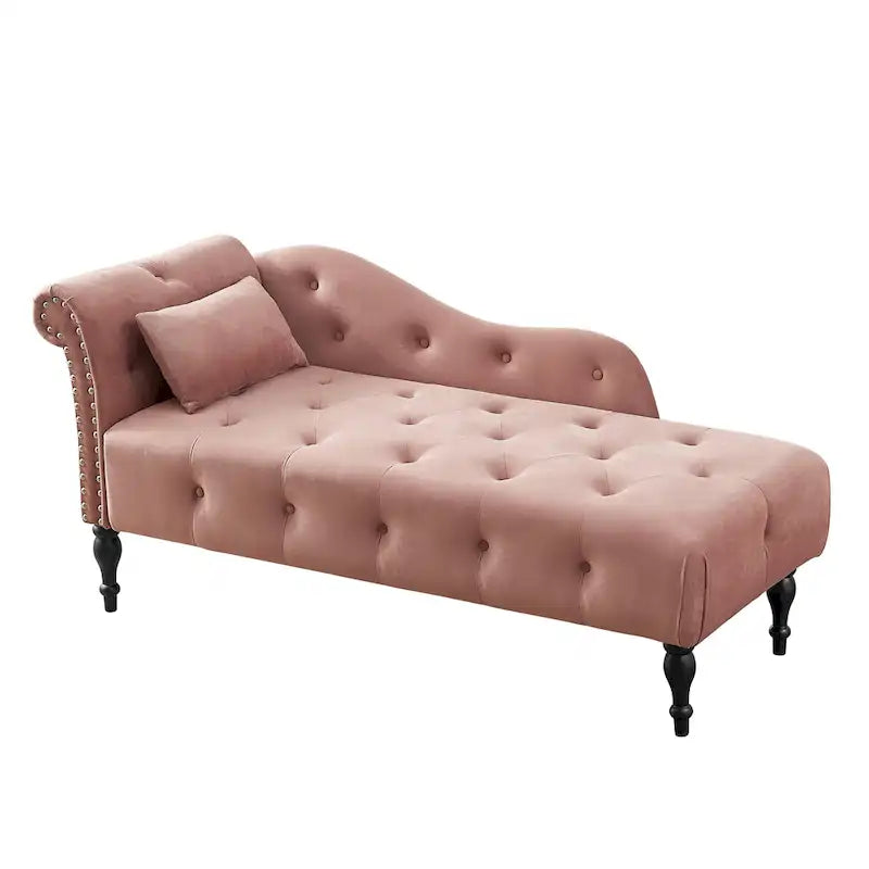 Chaise longue moderne de 154 cm avec revêtement en velours, boutons capitonnés, pieds en bois massif et clous de tapissier