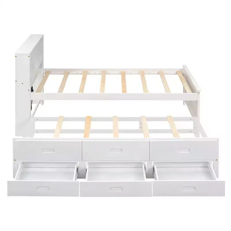 Lit plateforme avec lit gigogne et tiroirs, lit plateforme de rangement avec USB, lit plateforme en bois avec bibliothèque