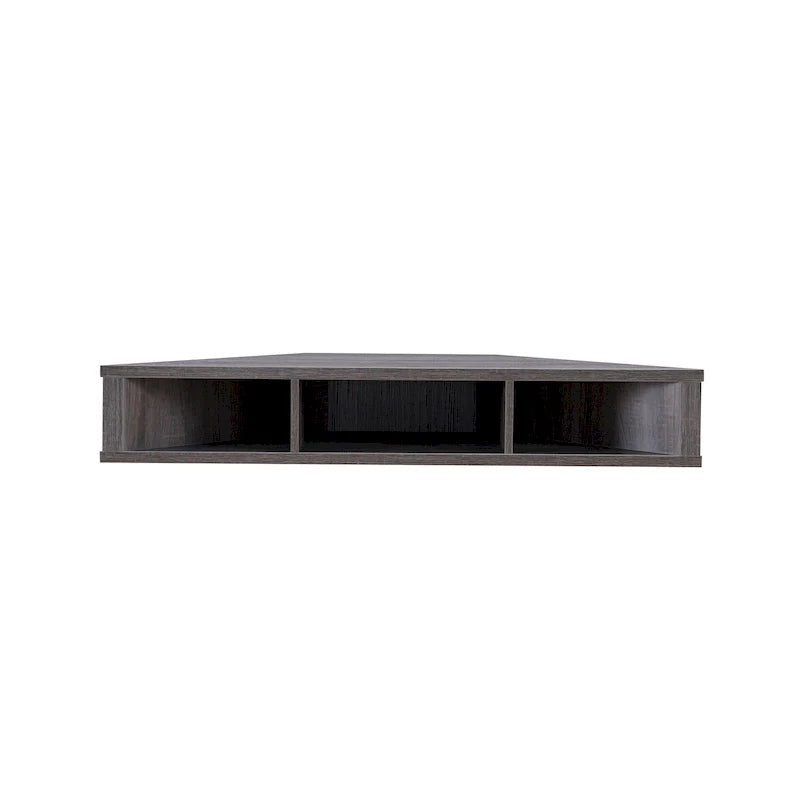 Meuble TV d'angle flottant de 119 cm, 3 étagères, style transitionnel, fixation murale gain de place
