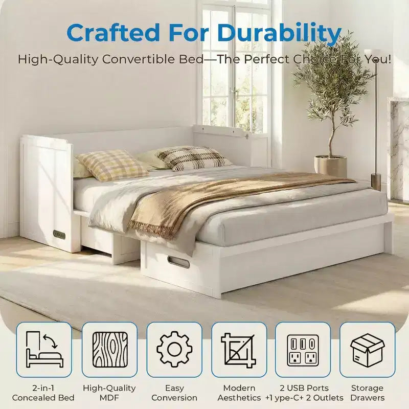 Lit escamotable convertible Queen Size Mjkone avec matelas, chargement USB, tiroirs de rangement