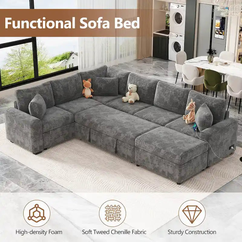 Canapé d'angle en chenille convertible, canapé-lit en forme de L avec pouf de rangement, 3 oreillers et dispositifs de charge